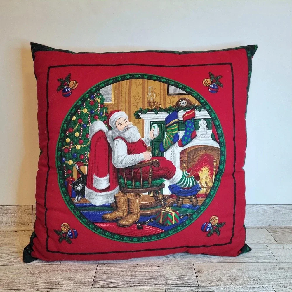Lot 2 VTG Handmade Christmas Throw Pillow Winter's Tale, Santa Sitting Decor